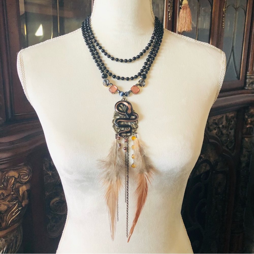 Handcrafted filigree snake Czech Pearl genuine onyx gemstone clasp necklace